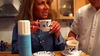 Leggy blonde looks wonderful in white stockings, which she's wearing while fucking in this porn video.